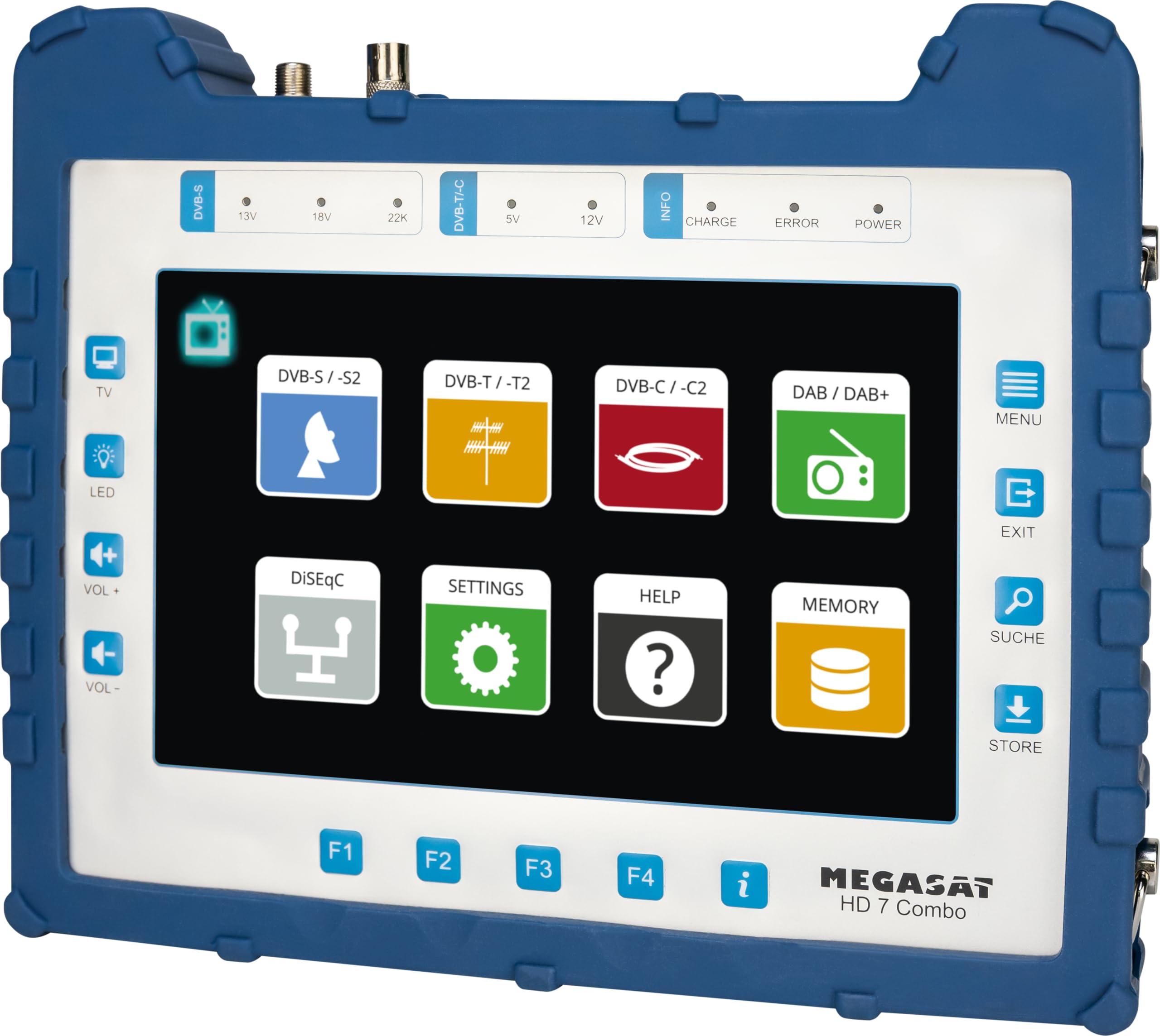 Megasat HD 7 Combo – Misuratore (per DVB-S, DVB-S2, DVB-T, DVB-T2, DVB-C, DAB+, Live-TV Bild, Unicable, display a colori da 8,9", batteria, lampada)