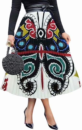 ThusFar Womens Graffiti Pleated Skirts Cartoon Printed Elastic Waist A-Line Swing Midi Skirt