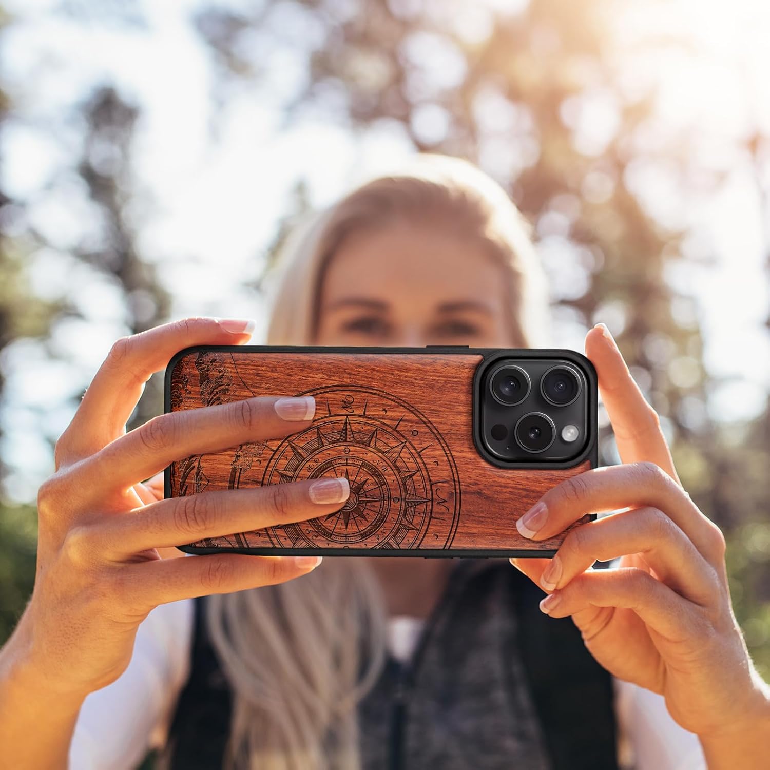 Carveit Magnetic Wooden Case for iPhone 16 Pro Max Case, Wood Artisan Engraved & Black Soft TPU Shockproof Cover, Compatible with MagSafe Wireless Chargers (Wave Compass) Rosy