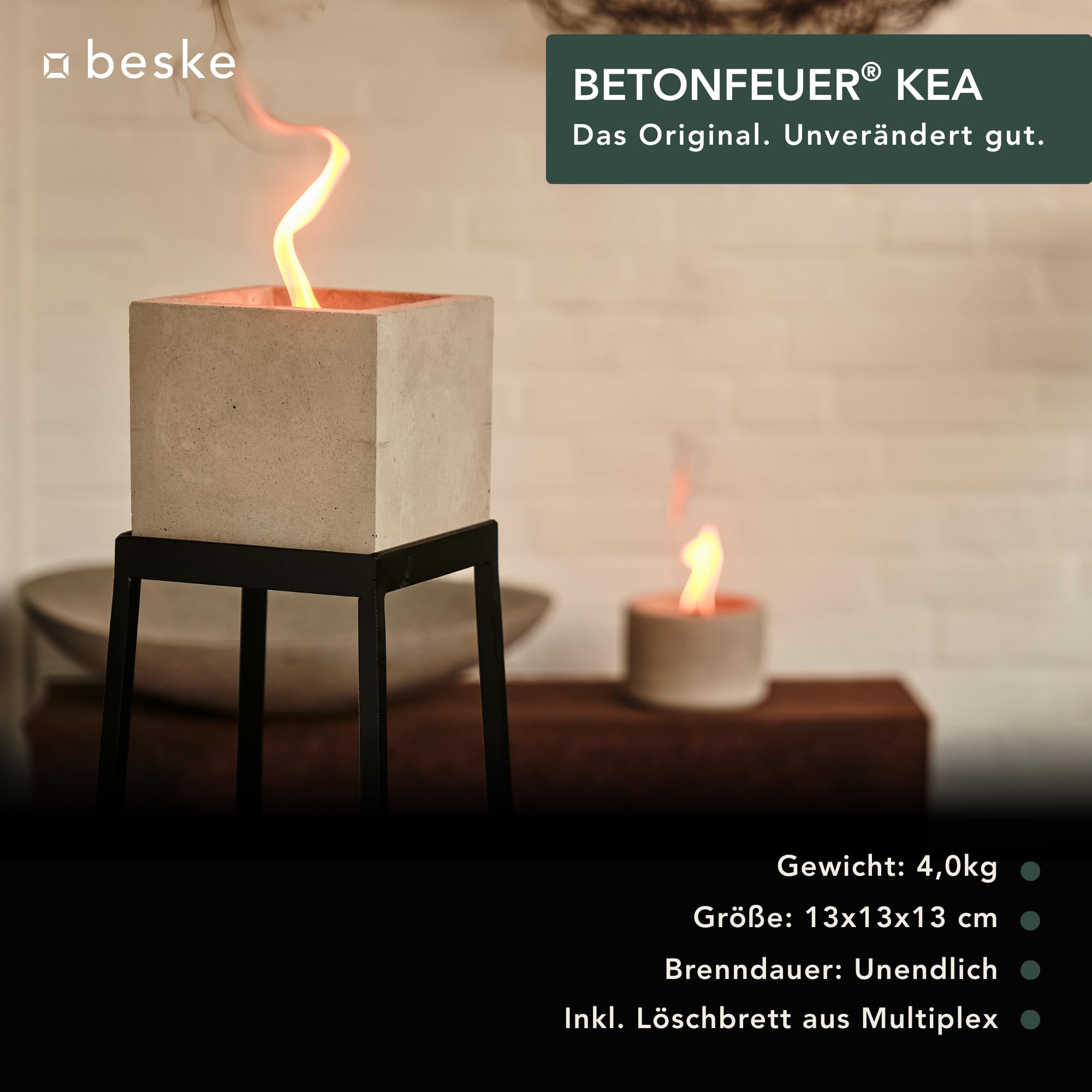 Beske-Manufaktur Design Betonfeuer Outdoor Kerze mit Dauerdocht 13x13x13cm
