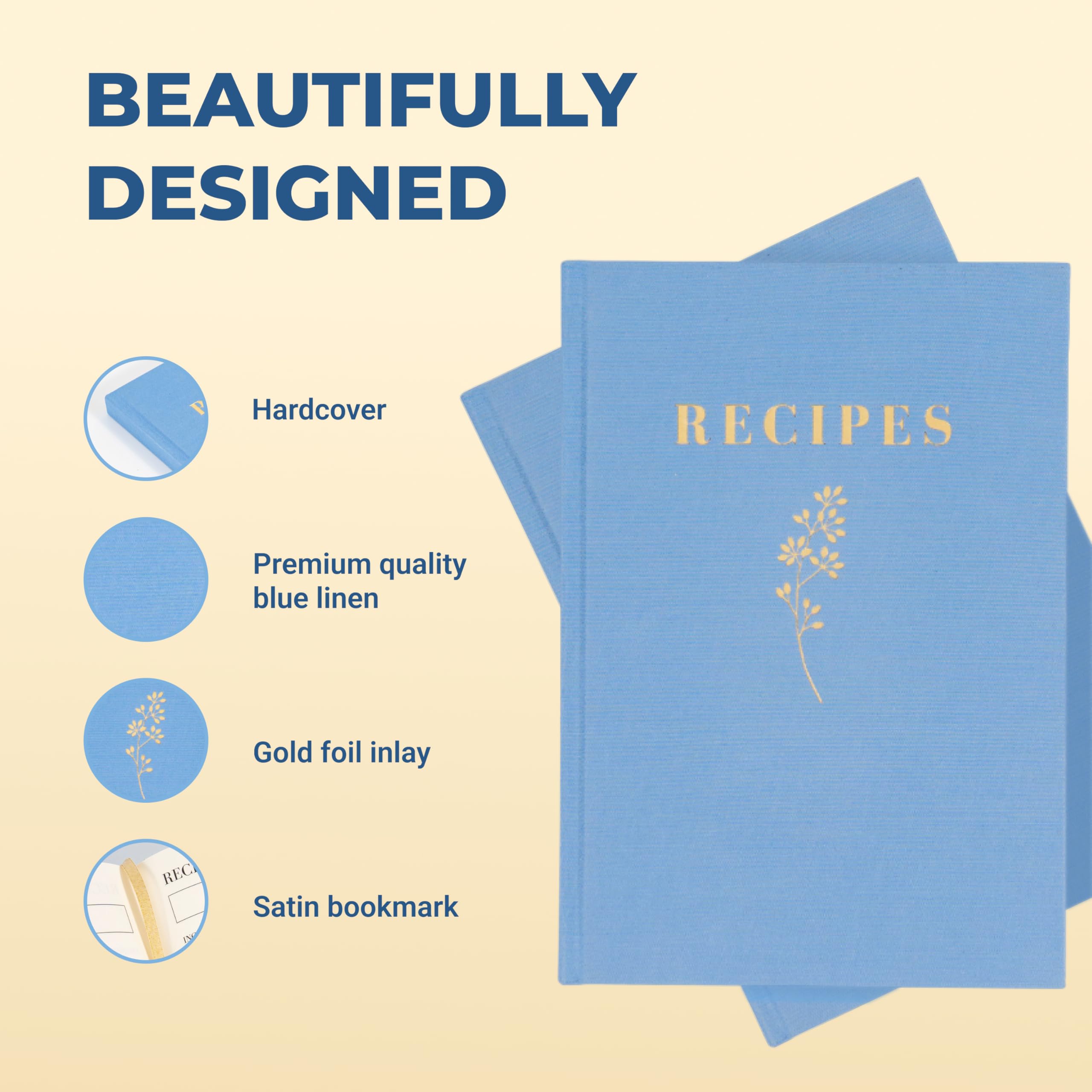 Hochwertiges Rezeptbuch zum Einschreiben eigener Rezepte, Hardcover-Leinen, mit eleganter Goldeinlage, Erinnerungsbuch für 150 Rezepte