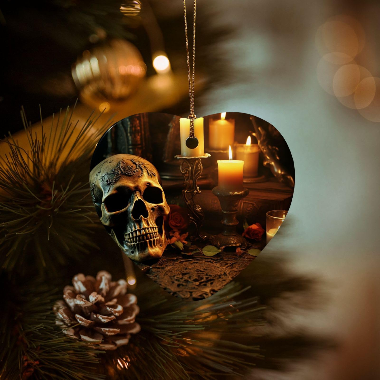 Christmas Ornaments for Christmas Tree Decoration Hanging Candles and Scary Skull Ornament with Gold Ribbon Crafts Heart Shape Ceramic Pendant for Keepsake Gifts Xmas Decor Party Supplies