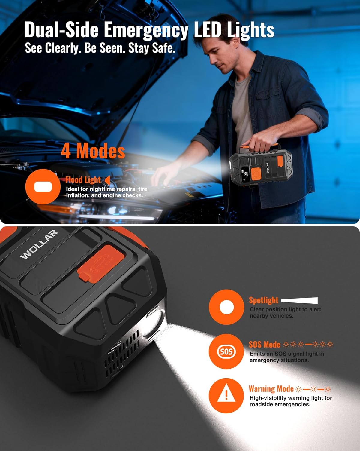 4000A Jump Starter with 160PSI Air Compressor - Car Battery Jumper Starter, 88.8Wh Portable Tire Inflator, 12V Jump Box, 24000mAh Powerbank, Dual Flashlight for 8.5L Gas & 7.5L Diesel Engines
