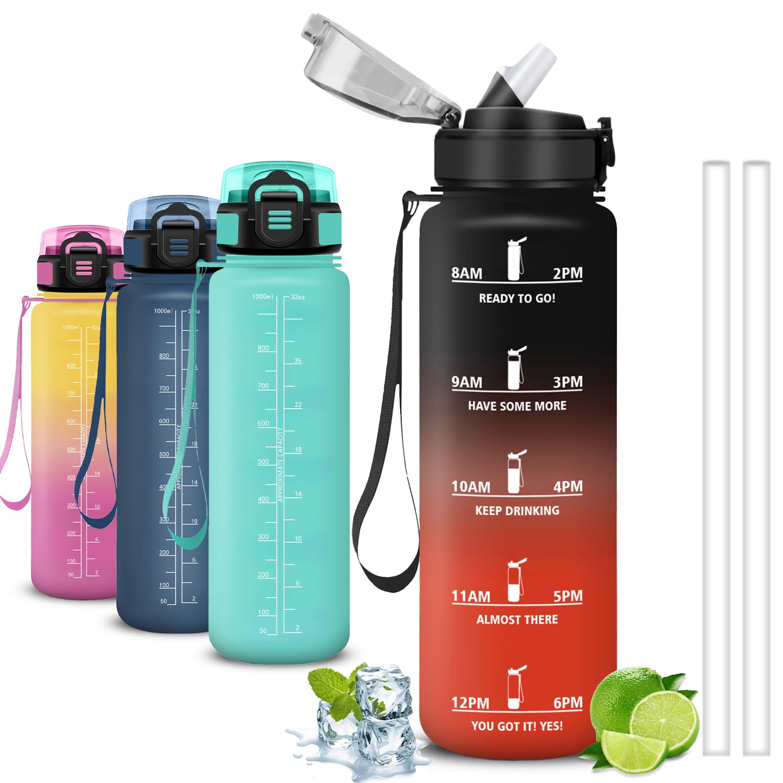 Mujigaga Borraccia 1 litro, Borraccia con Cannuccia, Senza Perdite, Borraccie Motivazionale, Facile da Pulire, Con Slogan Motivazionale, Borracce per Fitness, Nuotare, Viaggio, Escursionismo
