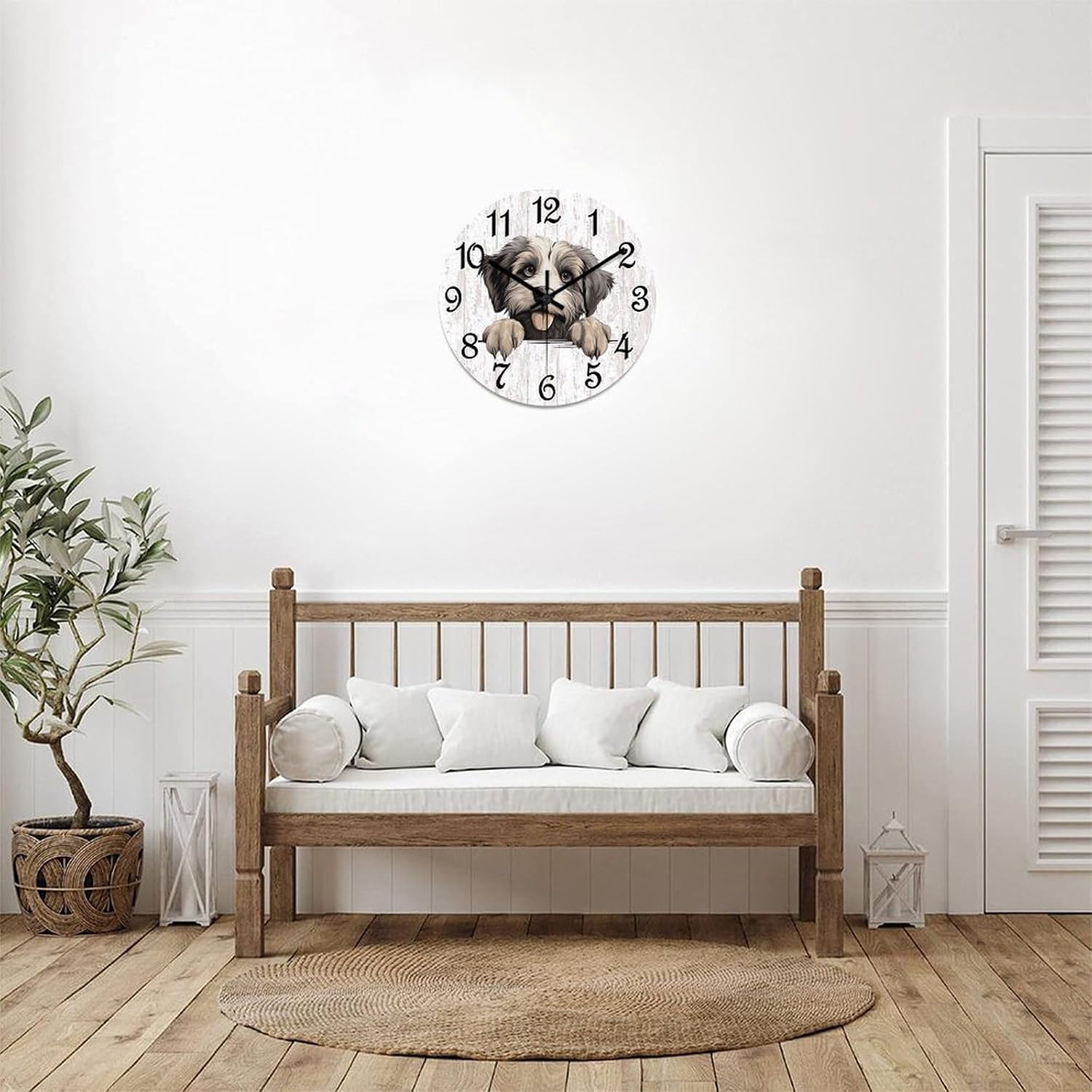 Pyrenean Shepherd Clock Doggy Dog Owner Large Wooden Wall Clock Battery Operated Silent 12 Inch Farmhouse Wall Clock Decorative for Home Kitchen Living Room Bedroom Office