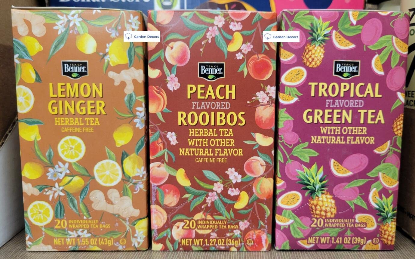 Benner Summer Teas Assorted Varieties Lemon Ginger, Peach Rooibos, Tropical Green