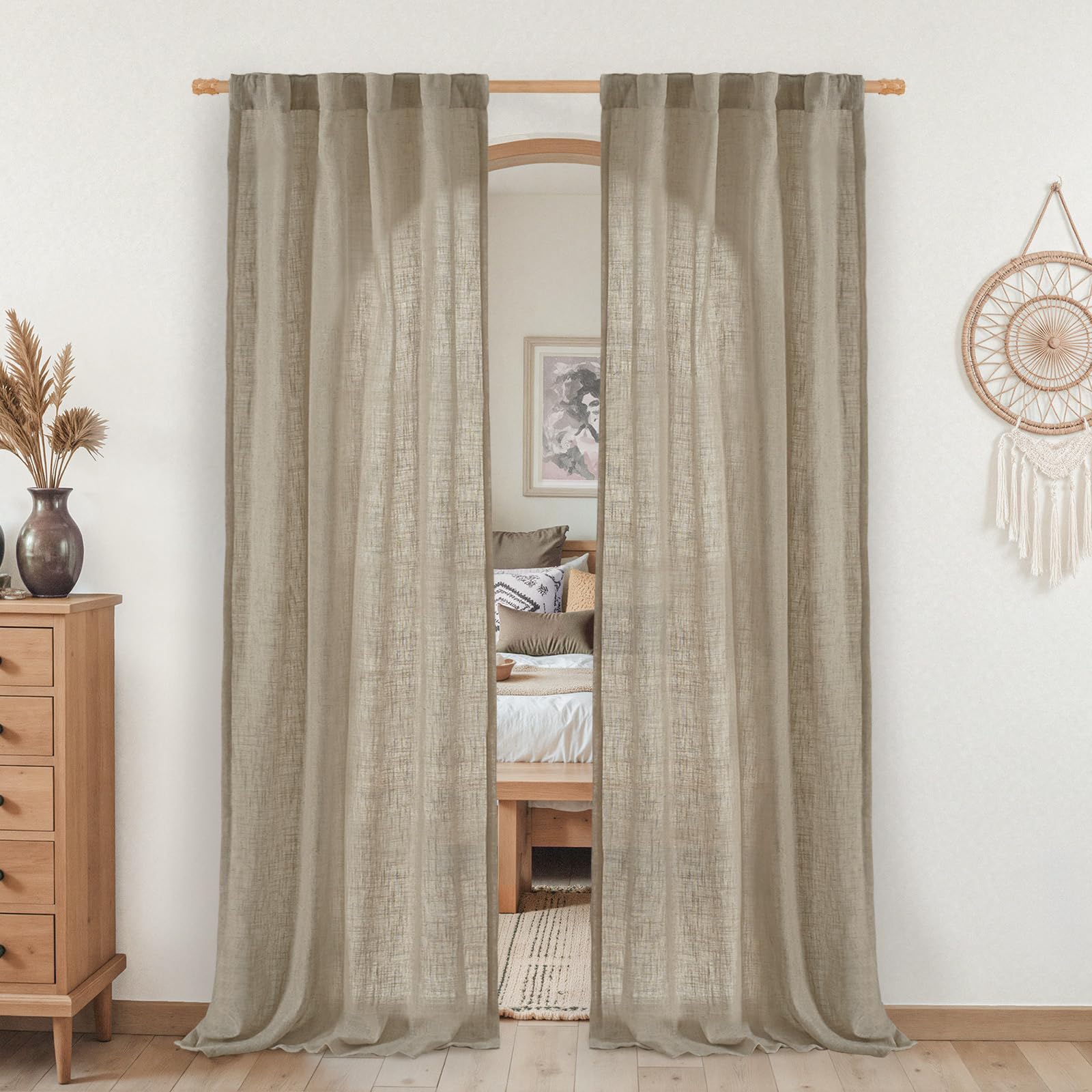 LAMIT Taupe Linen Boho Curtains 80 inch Length 2 Panels for Bedroom
