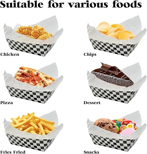 Miniatura 5 de 100 bandejas de papel a cuadros para autos de carreras con 100 forros delicatessen, bandejas de papel desechables para nachos, bandeja de servir a