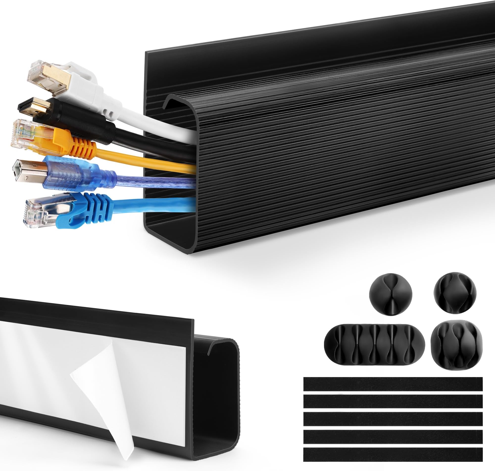 Cable Management Under Desk 31.5in (2X L15.8in) J Channel, ZhiYo Cord Organizer for Desk, Self-Adhesive Cable Organizer, Cord Management Wire Organizers for Cords, Wire Management Cable Raceway Black