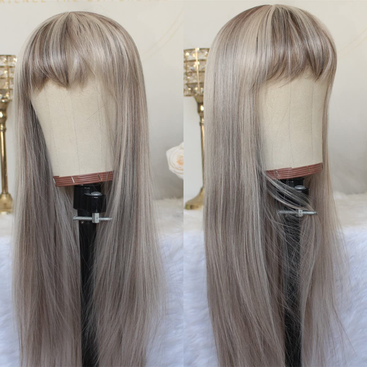 AisomBangs Long Straight Synthetic Wig Platinum Mixed Brown and Ash Blonde Color Ombre Wigs for Women Highlight Wig