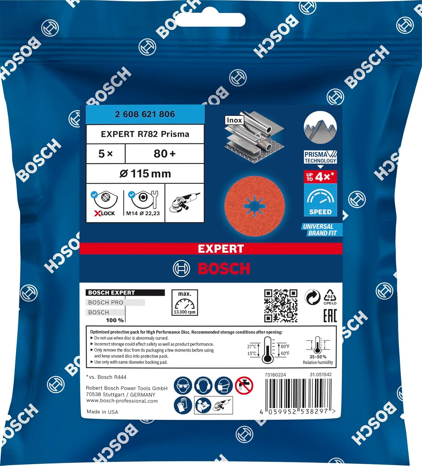 Bosch Professional 5x Expert R782 Prisma Ceramic X-LOCK Fibre Discs (Ø 115 mm, Grit 80, Accessories X-LOCK Angle Grinder)
