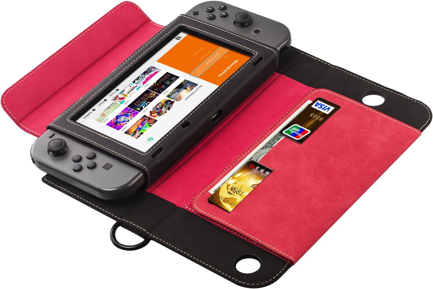 Nintendo Switch Leather Case,XGUO Premium Leather Stand Flip Wallet Carrying Cover Case for Nintendo Switch With Card Slot (Red)