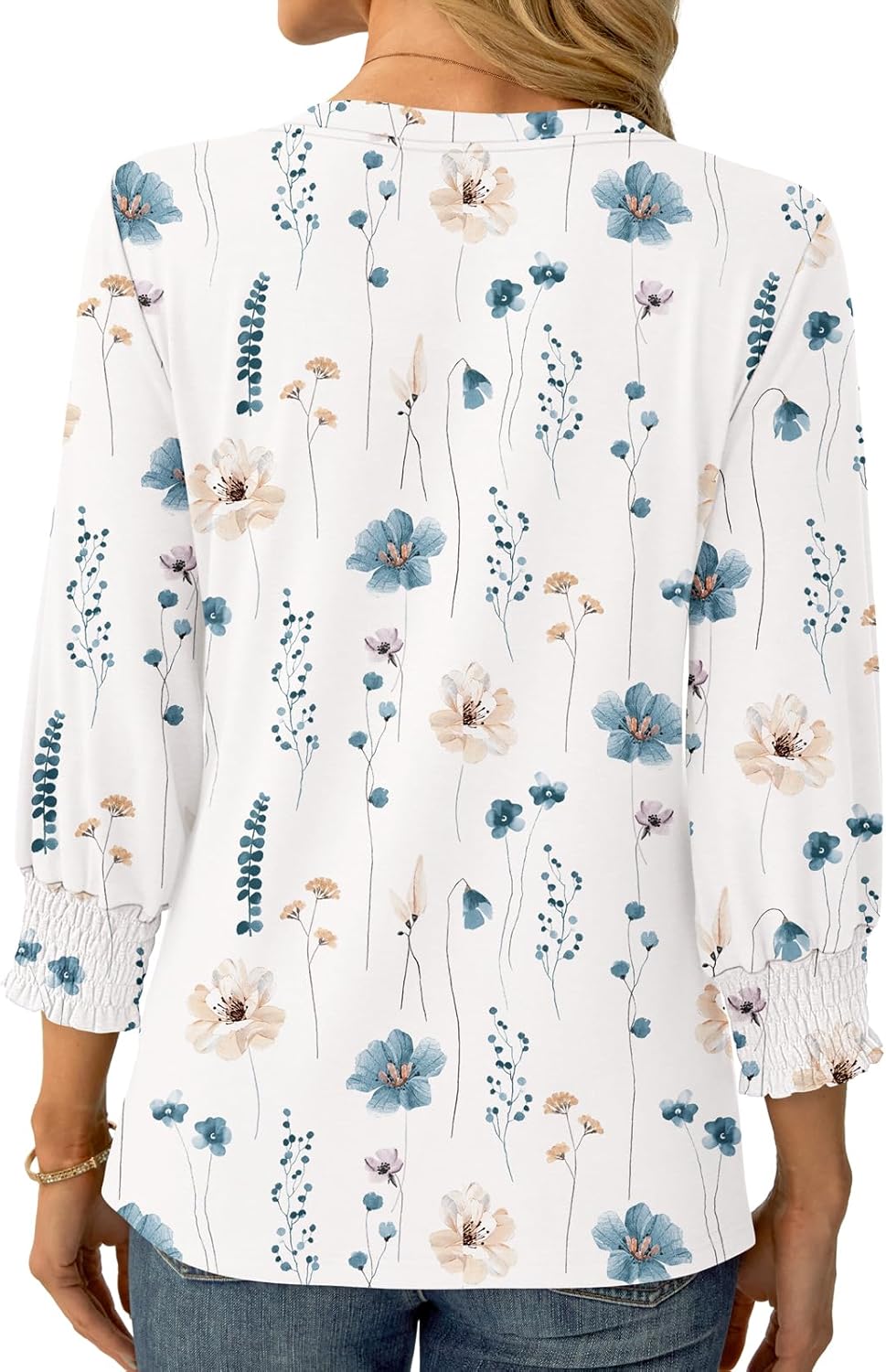 Womens 3/4 Sleeve Shirts V Neck Dressy Casual Spring Summer Blouses with Smocked Cuffs - Image 3