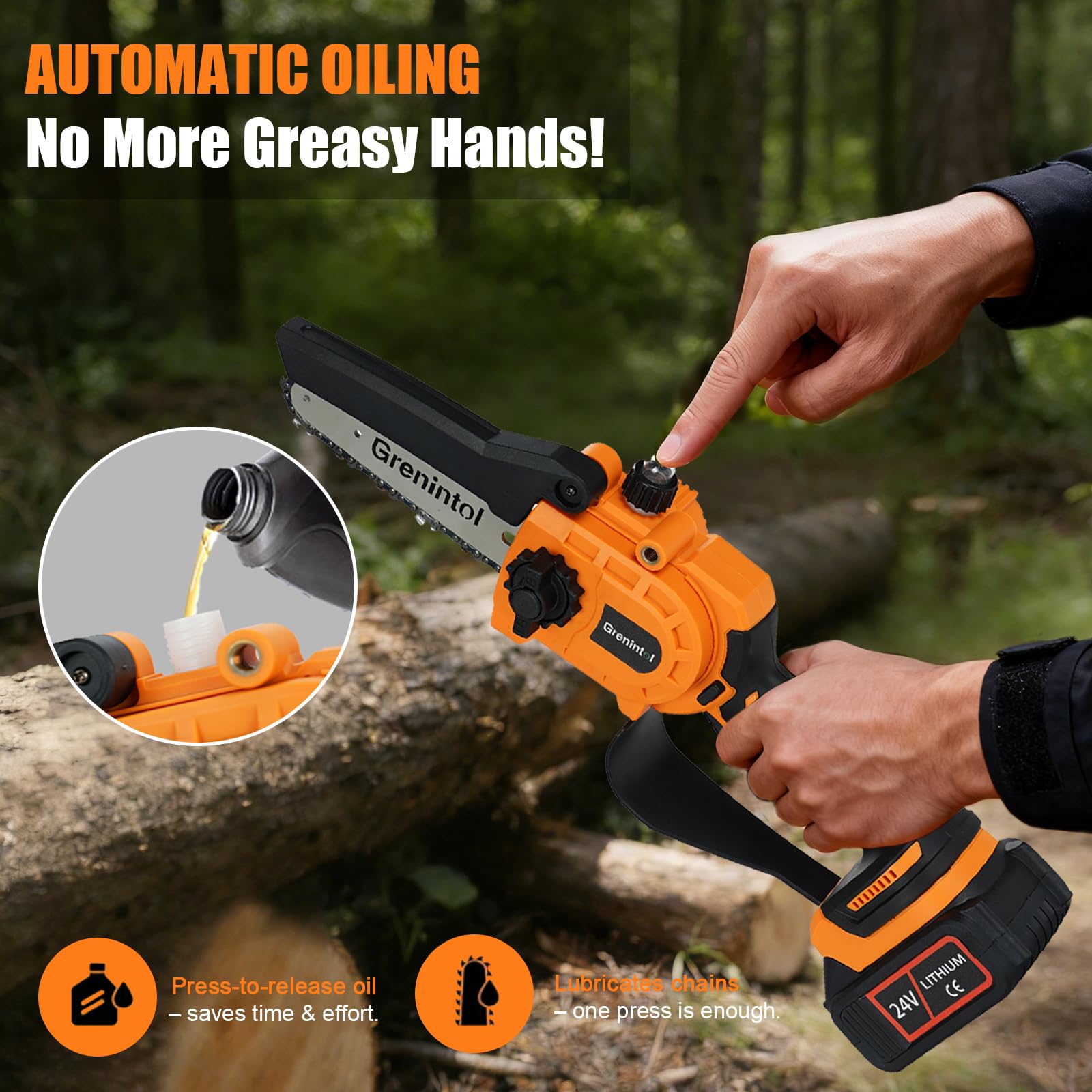 Mini Kettensäge 6 Zoll, Akku Kettensäge mit 2×3000mAh Akku, 1000W Brushless Motor, Einhand-Kettensäge, Automatische Ölung, Ersatzkette, Garten, Baumschnitt, Holzarbeiten (6 Zoll)