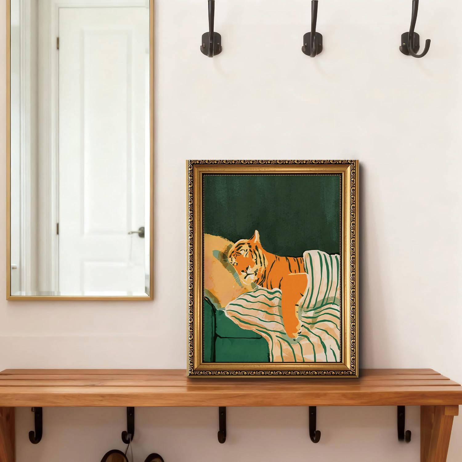AYHSSMO Gold Framed Wall Art Trendy Tiger Wall Decor Emerald Green Canvas Art Modern Animal Pictures Aesthetic Artwork Paintings For Living Room Bedroom Corridor12x16in