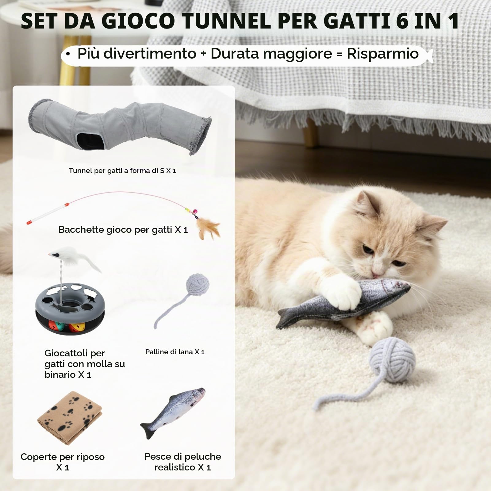 Tunnel per Gatti, Giocattoli per Gatti da Interno Adulti, Set di Giocattoli Interattivi con Palline Rotanti, Bacchetta di Piume, Pesce, Coperta, Accessori per Gatto