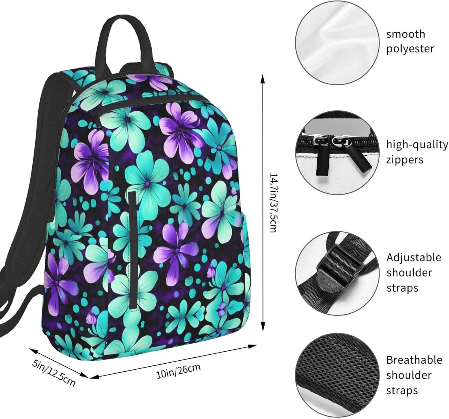 Purple And Teal Flowers Print Lightweight Backpack, Travel Bookbag College Bag,Laptop Backpack For Men Women