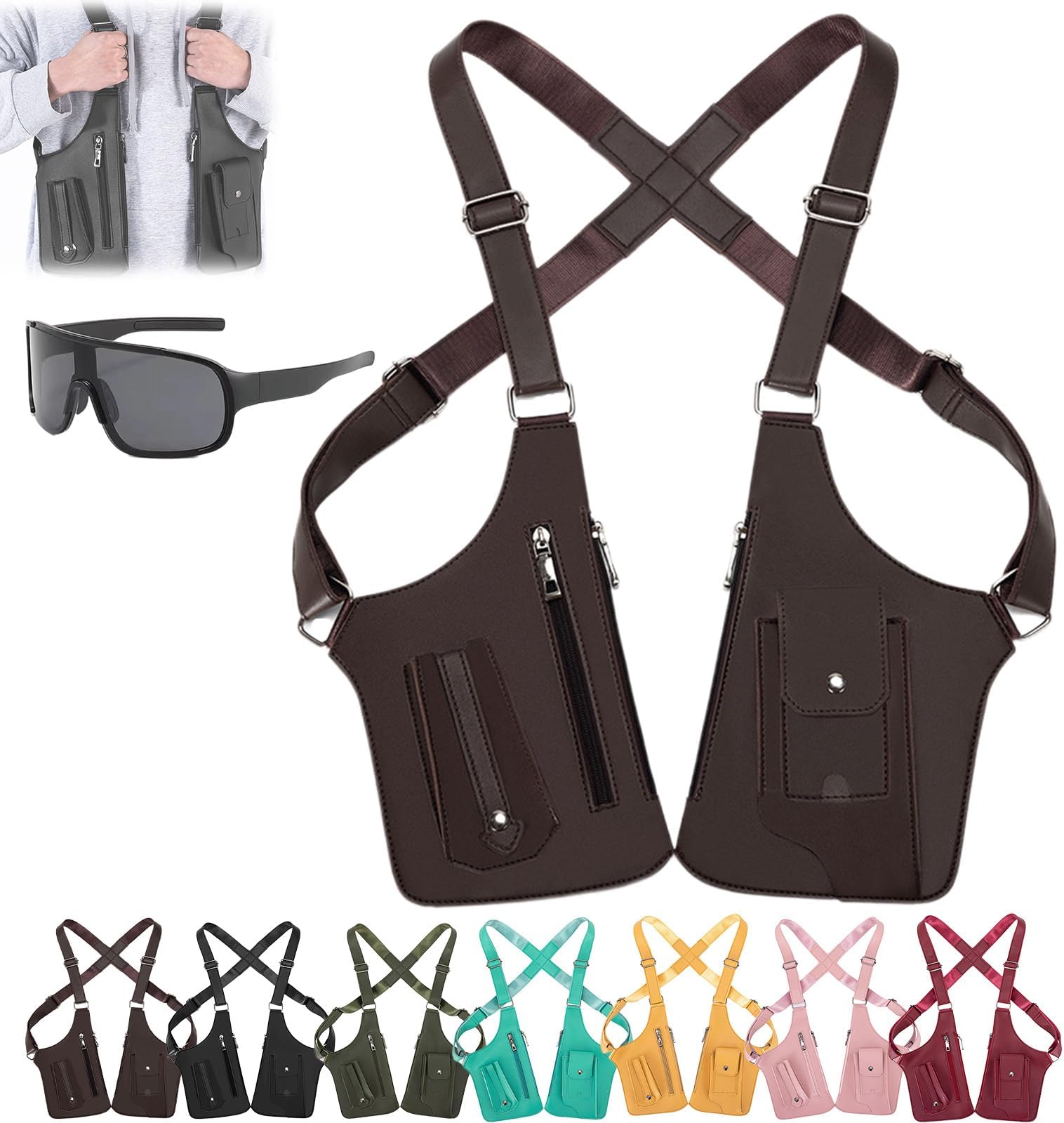 Premium Leather Adjustable Underarm Shoulder Bag for Men & Women, Multi-Pocket Anti-Theft Double Shoulder Bag, Double Shoulders Armpit Bags, for Travel and Daily Use