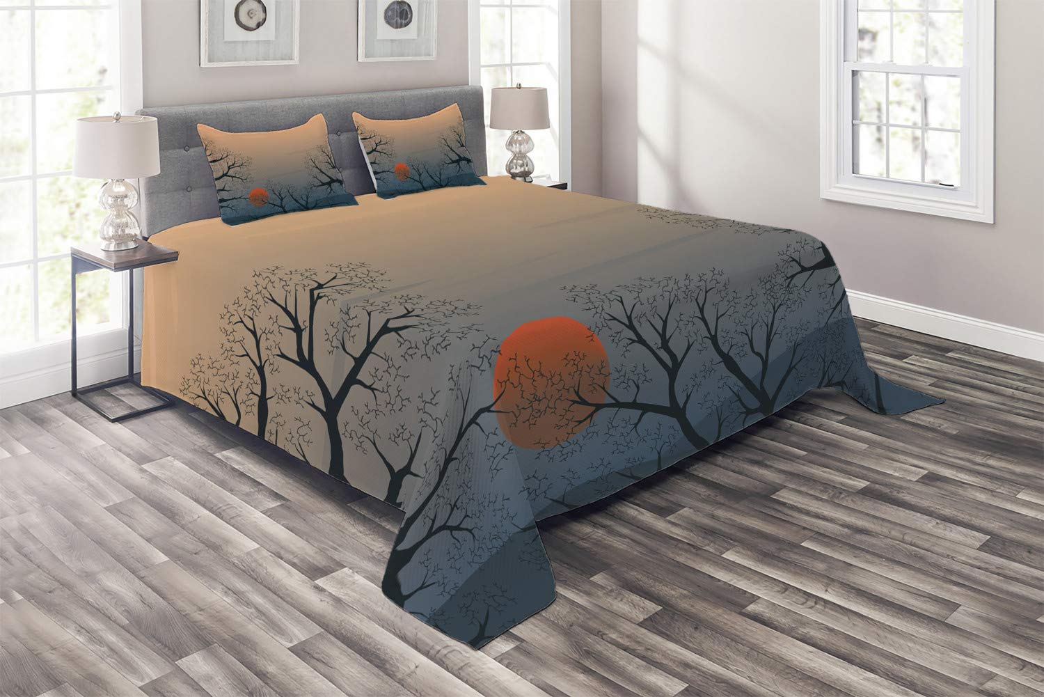 Ambesonne Nature Coverlet, Sun Rises Between Tree Branches in Misty Weather Foggy Sky Illustration, 3 Piece Decorative Quilted Bedspread Set with 2 Pillow Shams, King Size, Slate Blue Orange Peach