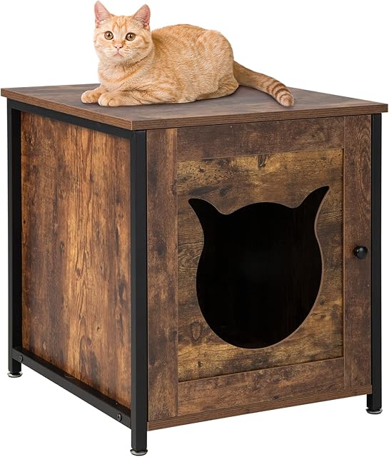 COSTWAY Cat Litter Box Enclosure, Wooden Kitty Hidden Washroom Toilet with Ventilated Hole, Industrial Cats House Nightstand