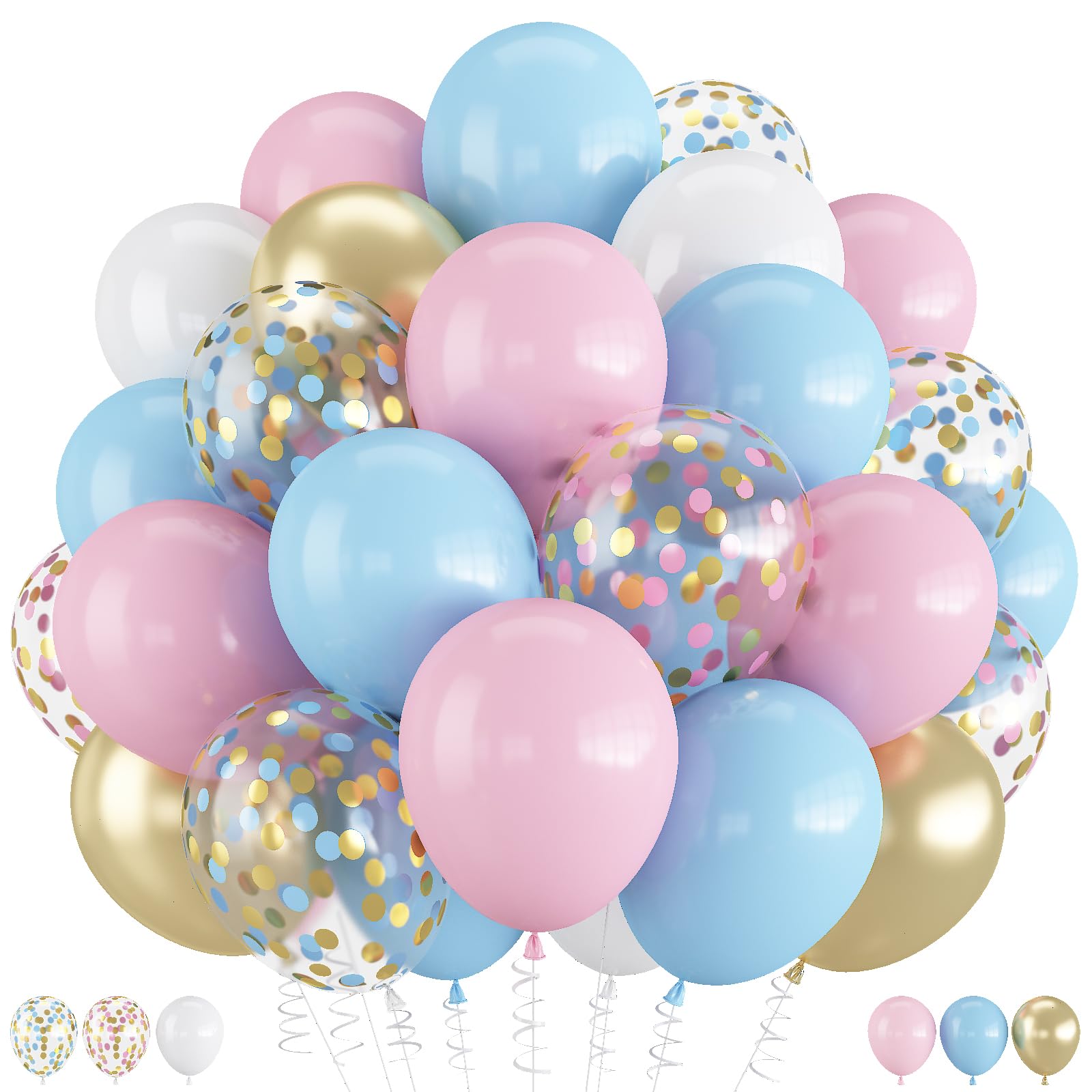 Balloons Pink and Blue, 60 Pack 12 Inch Pastel Light Pink Blue with Metallic Gold Confetti Balloons for Birthday, Gender Reveal, Baby Shower, Boy or Girl Party Decoration