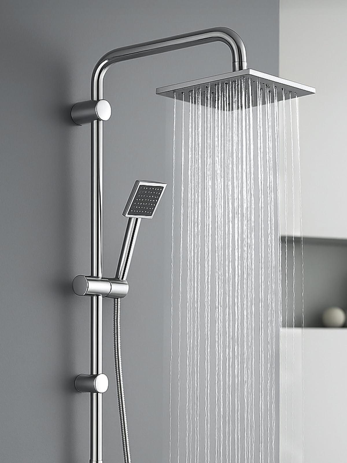 KingSaid 8 Inch Chrome Shower Column Thermostatic Rain Head Brass Bar Kit | Thermostatic Shower System solid brass body anti limescale nozzles adjustable rail for bathroom family daily shower use