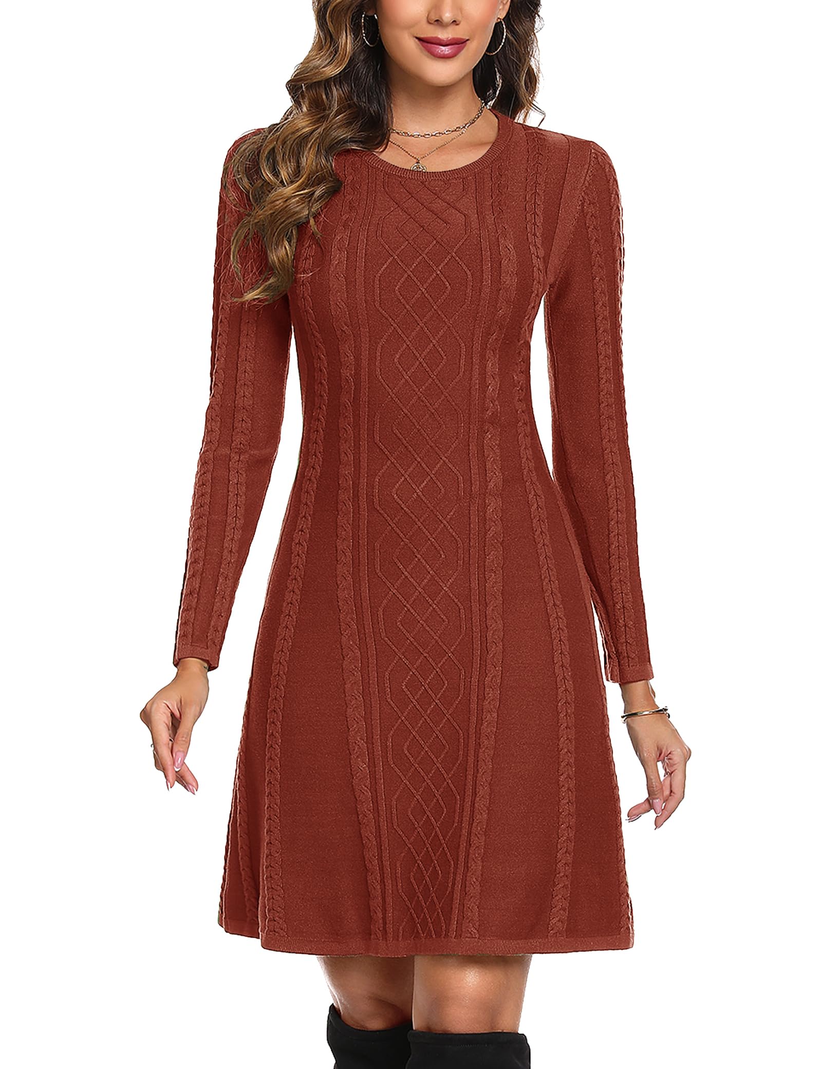 Aottori Robe Pull Femme Hiver Décontractée Tricotée Robe Pull Elegant Col Rond A Ligne Robes Casual Manches Longues Mini Robe Pull pour Fête Loisirs Cocktail Robe Pull