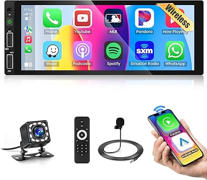 6.9 inch Single Din Car Stereo Upgrade Wireless Apple Carplay,Hikity 1280 * 480 IPS Touch Screen Car Radio Bluetooth 5.1 Wireless Android Auto,Car Audio Receiver EQ FM 2USB SWC+Backup Camera