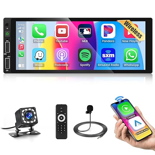 6.9 inch Single Din Car Stereo Upgrade Wireless Apple Carplay,Hikity 1280 * 480 IPS Touch Screen Car Radio Bluetooth 5.1 Wireless Android Auto,Car Audio Receiver EQ FM 2USB SWC+Backup Camera