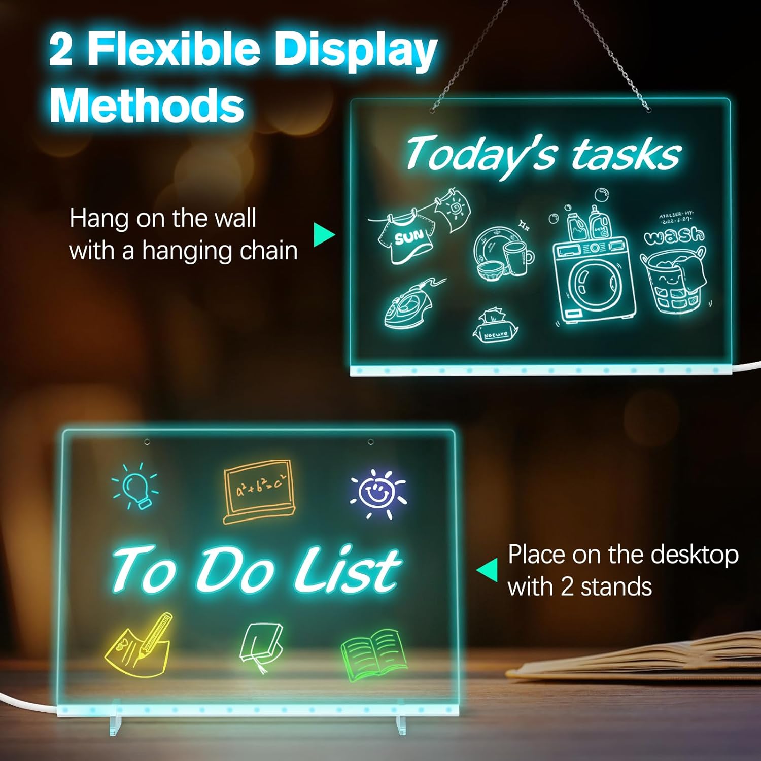 Lewondr LED Note Board,13.8''×9.8'' Acrylic Dry Erase Board with 7 Colors of Light,Drawing Board with Adapter, 7 Markers, Stand, Hanging Chain, Spray Bottle for Home Office Decor Christmas Easter Gift