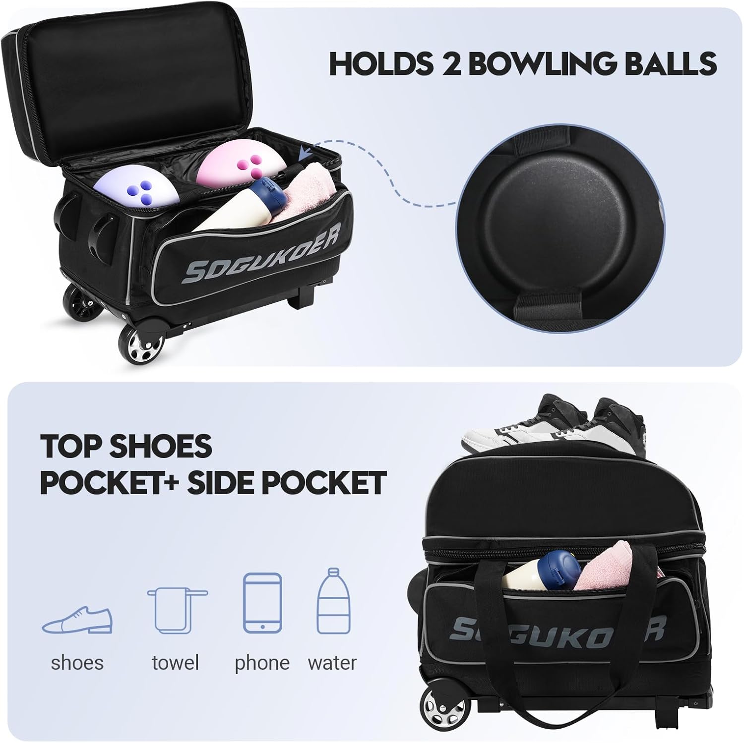 2 bowling ball bag with wheels, lightweight trolley double ball bowling bag with large separate shoe compartment and oversized accessory pocket, retractable handle extends to 39.5" black & grey