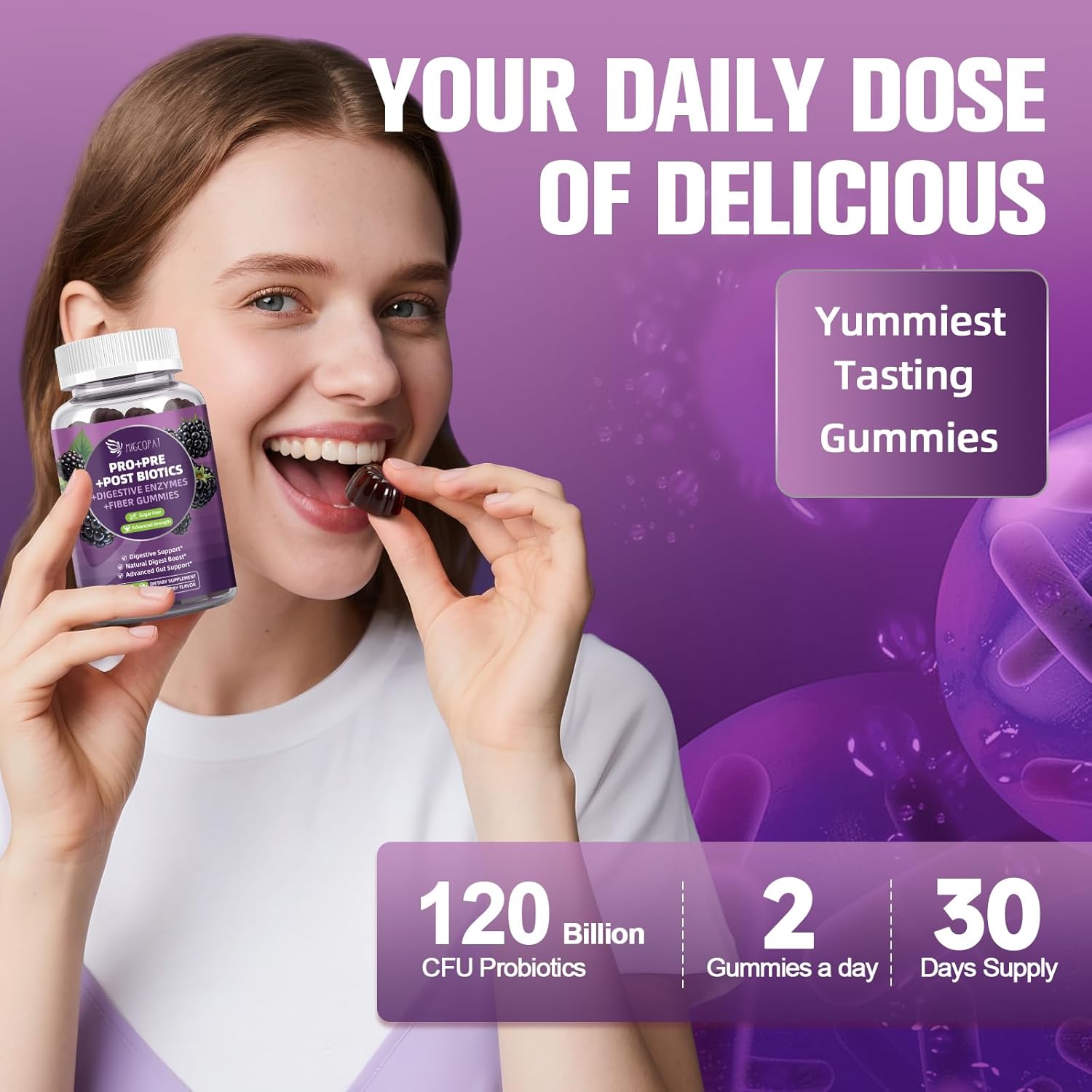 Migcopat Pre Post Probiotics Gummies, Probiotic Prebiotic Postbiotic Digestive Enzymes with Fiber, 120 Billion CFU Probiotics Complete Gut Support, Sugar Free, Vegan, BlackBerry Flavor, 60 Cts