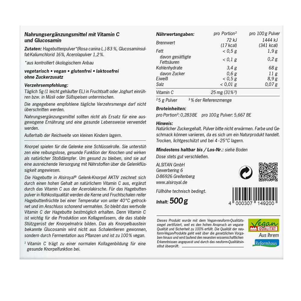 Alsiroyal Hagebuttenpulver plus Glucosamin · Gelenk-Knorpel-Komplex Aktiv | Für den Gelenk-Knorpel · Hagebuttenpulver in Rohkostqualität · 600 mg veganes Glucosamin · Vit. C aus Acerola · gut löslich