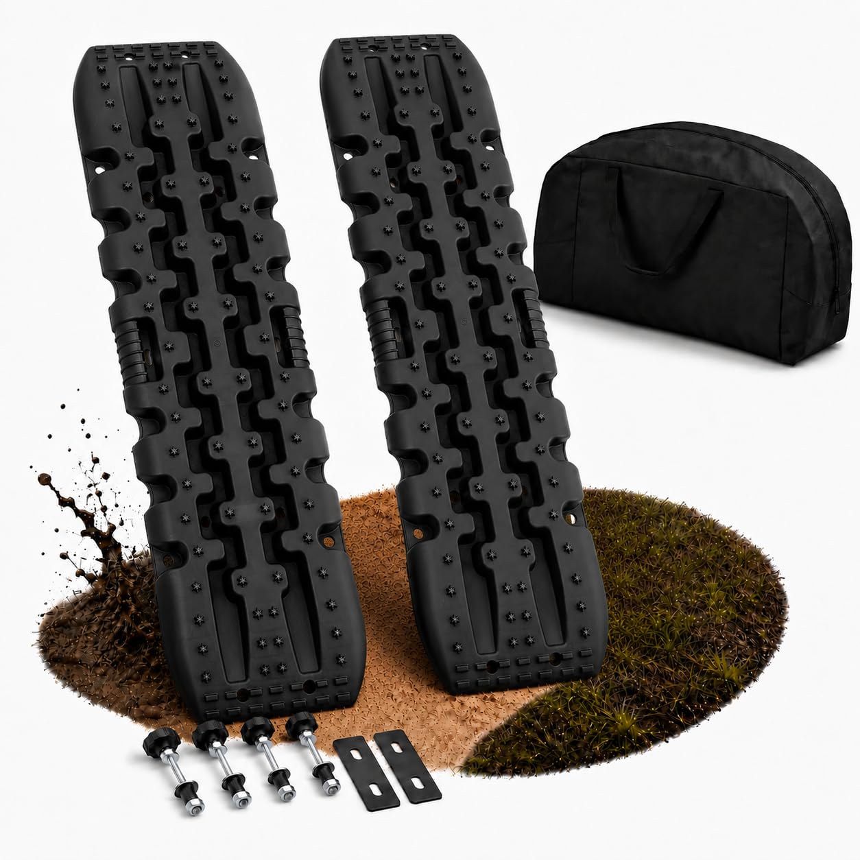 Sandbleche 2er Set Schwarz, Offroad Anfahrhilfe bis 10 t pro Paar für Wohnmobil, SUV, 4x4, Van & Camping, 107 x 31 x 6 cm, Recovery Boards & Sandboards mit Tasche