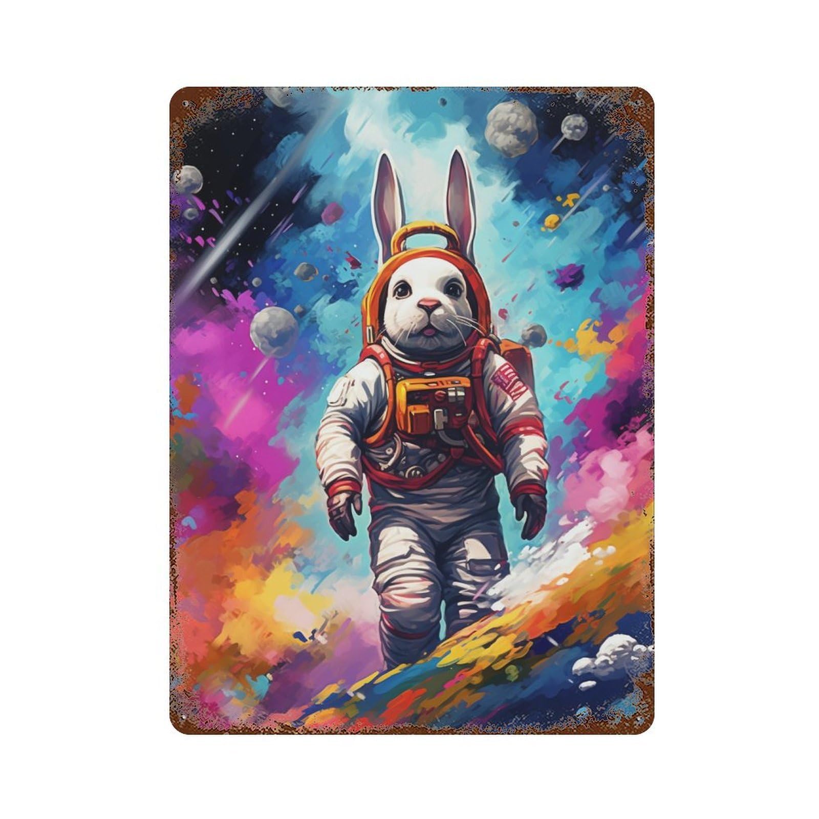 Vintage Rust Metal Sign Space Bunny Adventure -3 15.7"x11.8", Vintage Wall Decor for Office, Studio And Wall Decor