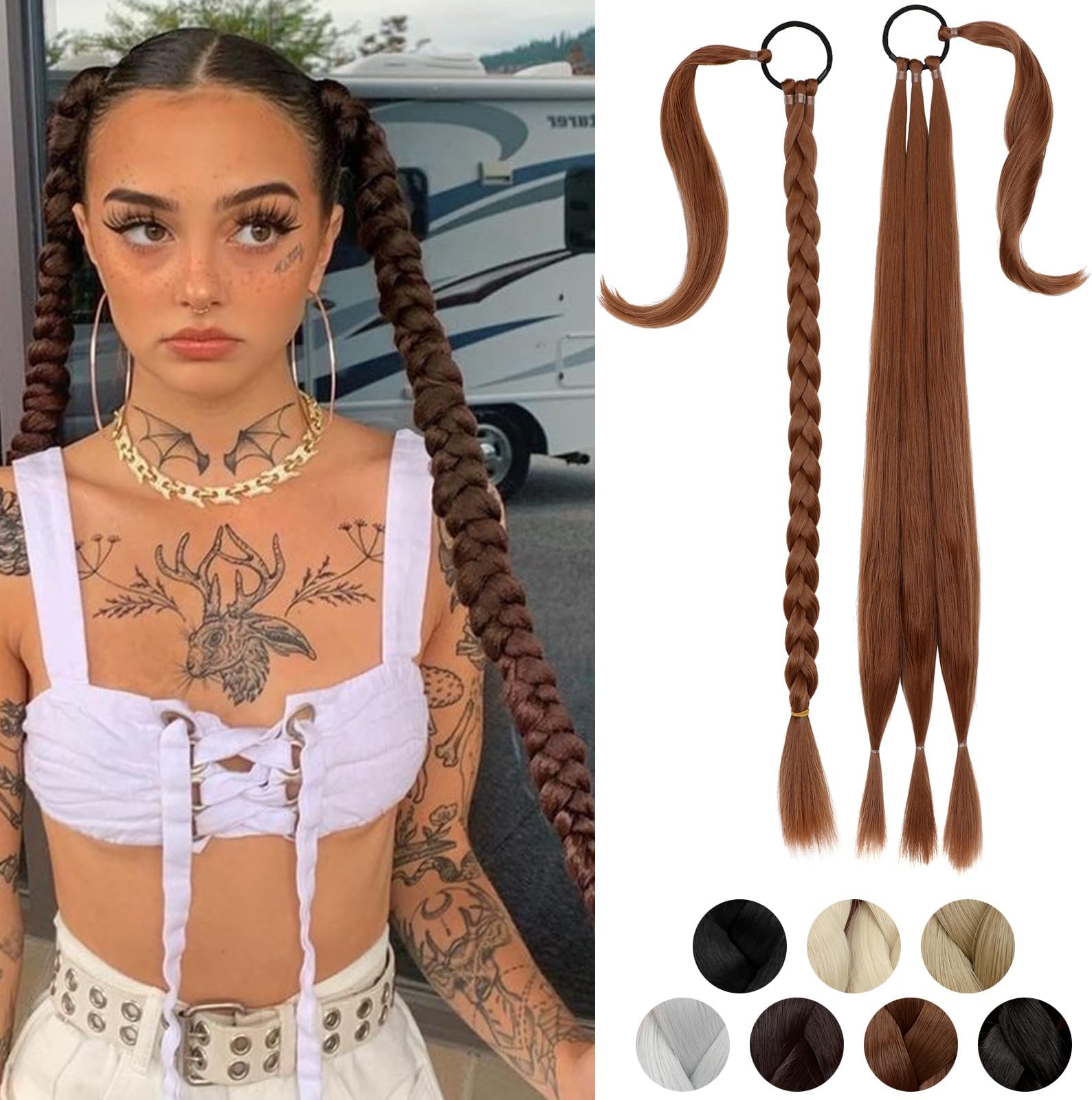 Long Braid Ponytail Extension with Hair Tie Straight Sleek Wrap Around Hair Extensions Braid Pony Tail Natural Soft Synthetic Hairpieces for Women Daily Wear, 26 inch-Light Auburn