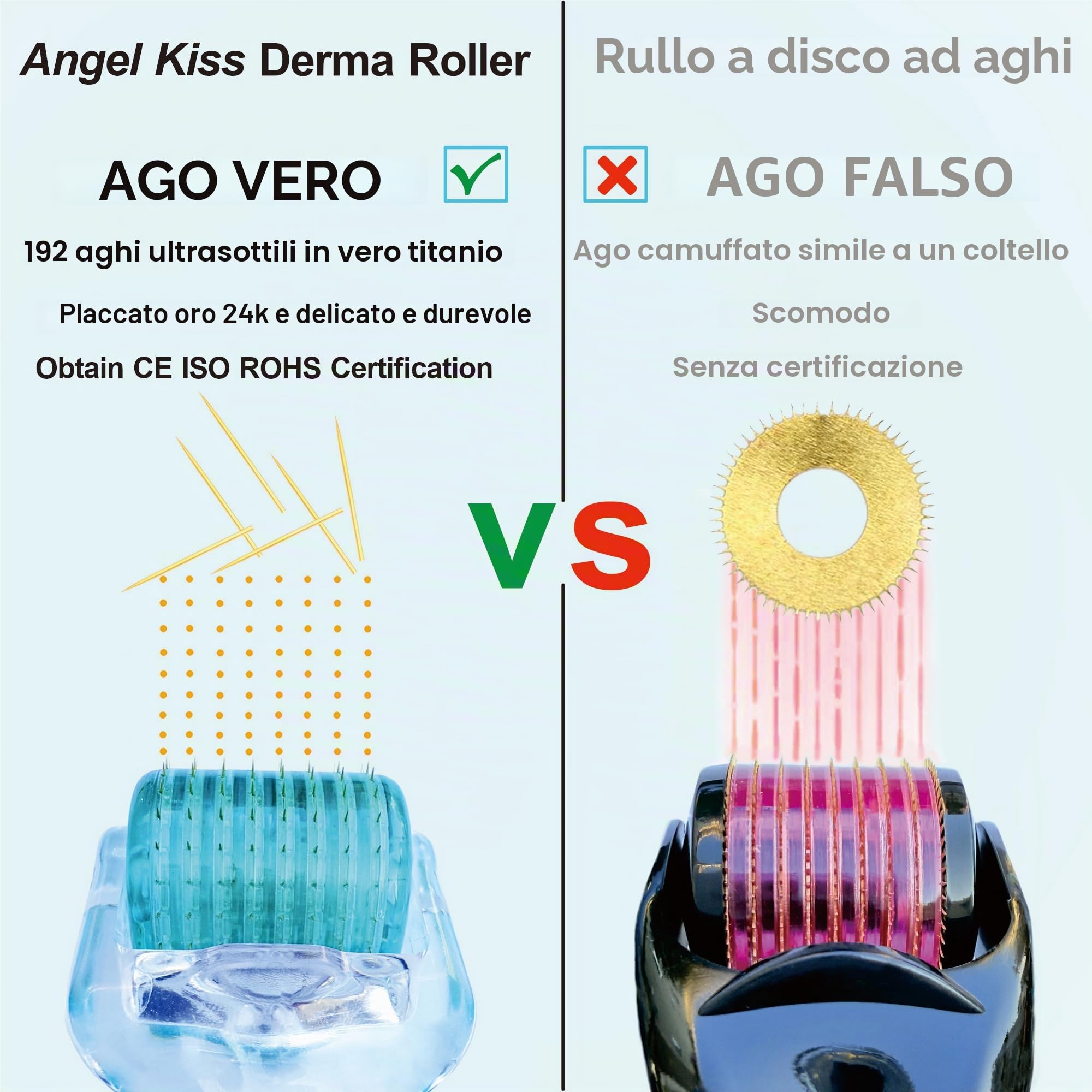 Angel Kiss Derma Roller 0,5 mm aghi veri – 192 singoli aghi in titanio – Rullo per microneedling per viso, corpo, barba, cuoio capelluto e cura della pelle