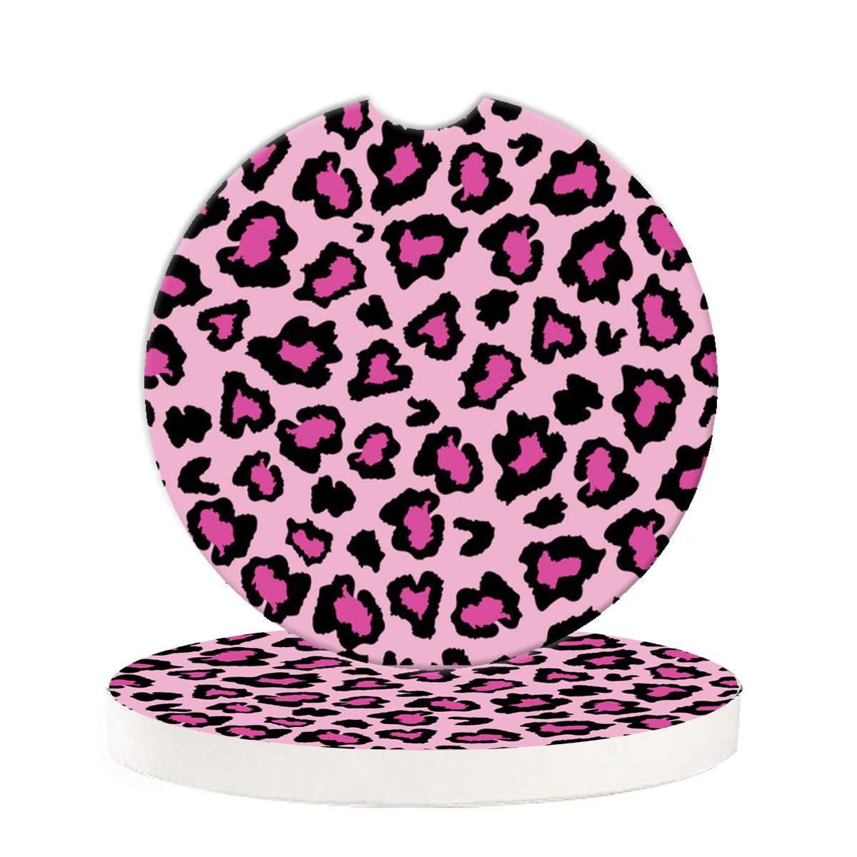 Car Coasters 2 Pack,Leopard Print Ceramic Car Coasters for Car Cup Holders Absorbment,Keep Your Car Dry and Clean(Pink Leopard)