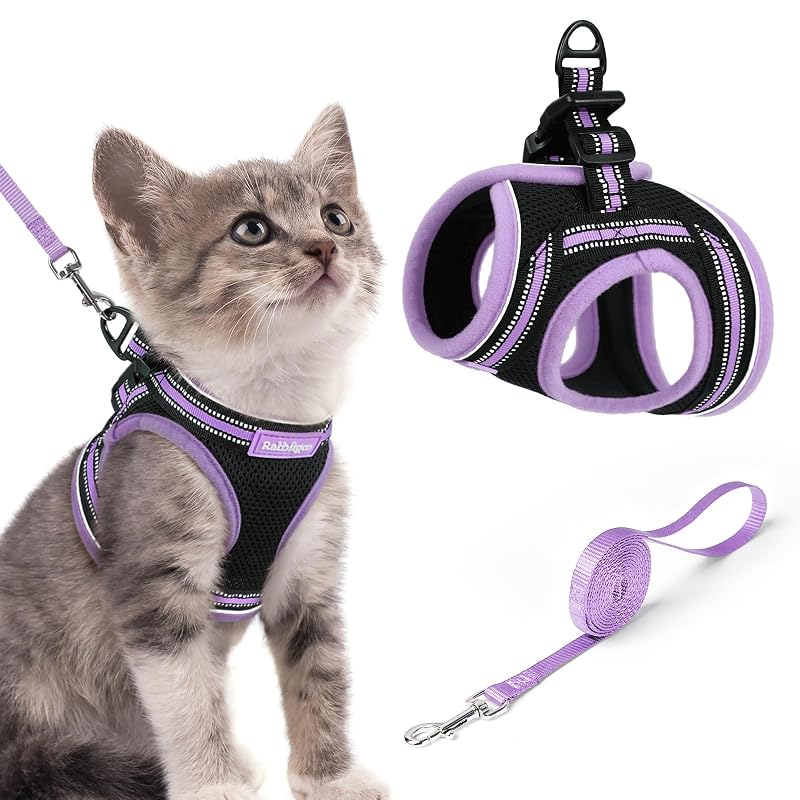 Peitoral para gatos com guia, colete macio ajustável em poliéster rabbitgoo, tamanho S Black-Light Purple
