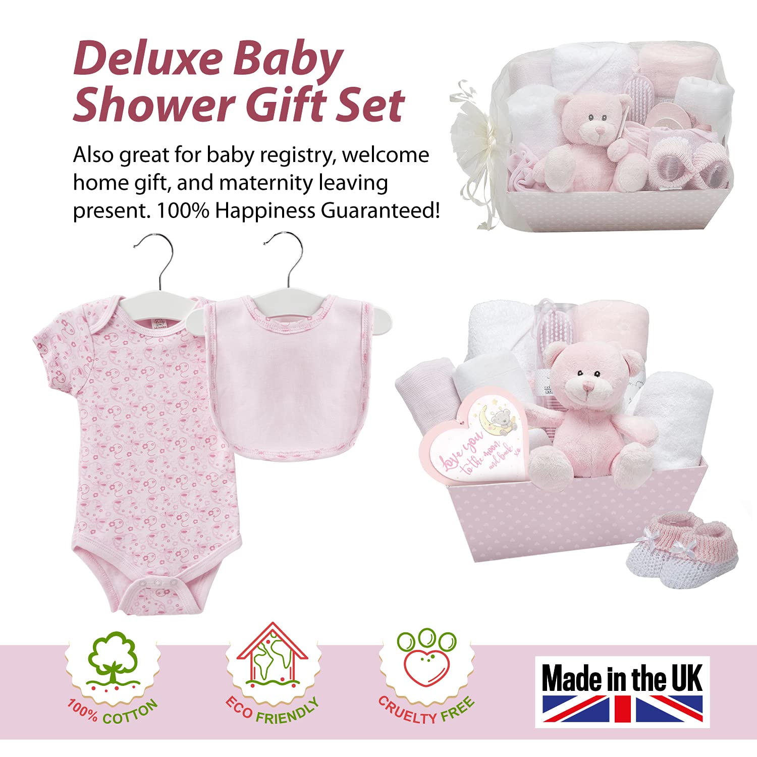 Baby Girl Pink Gift Hamper - with Fleece Wrap, Hooded Towel, Baby Clothes, 2 Muslin Cloths and Cute Teddy Bear : Baby