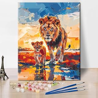 Paint by Numbers Kits for Adult Lion Family DIY Acrylic Paint by Number Kits Mother and Baby Lion Canvas Oil Painting Safari Landscape at Sunset Canvas Artwork for Home Wall Decor(40x50cm)