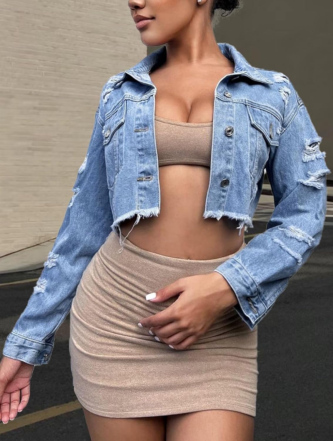 FairBeauty Women's Washed Distressed Denim Jacket Long Sleeve Ripped Button Up Cropped Jean Jacket - Image 9