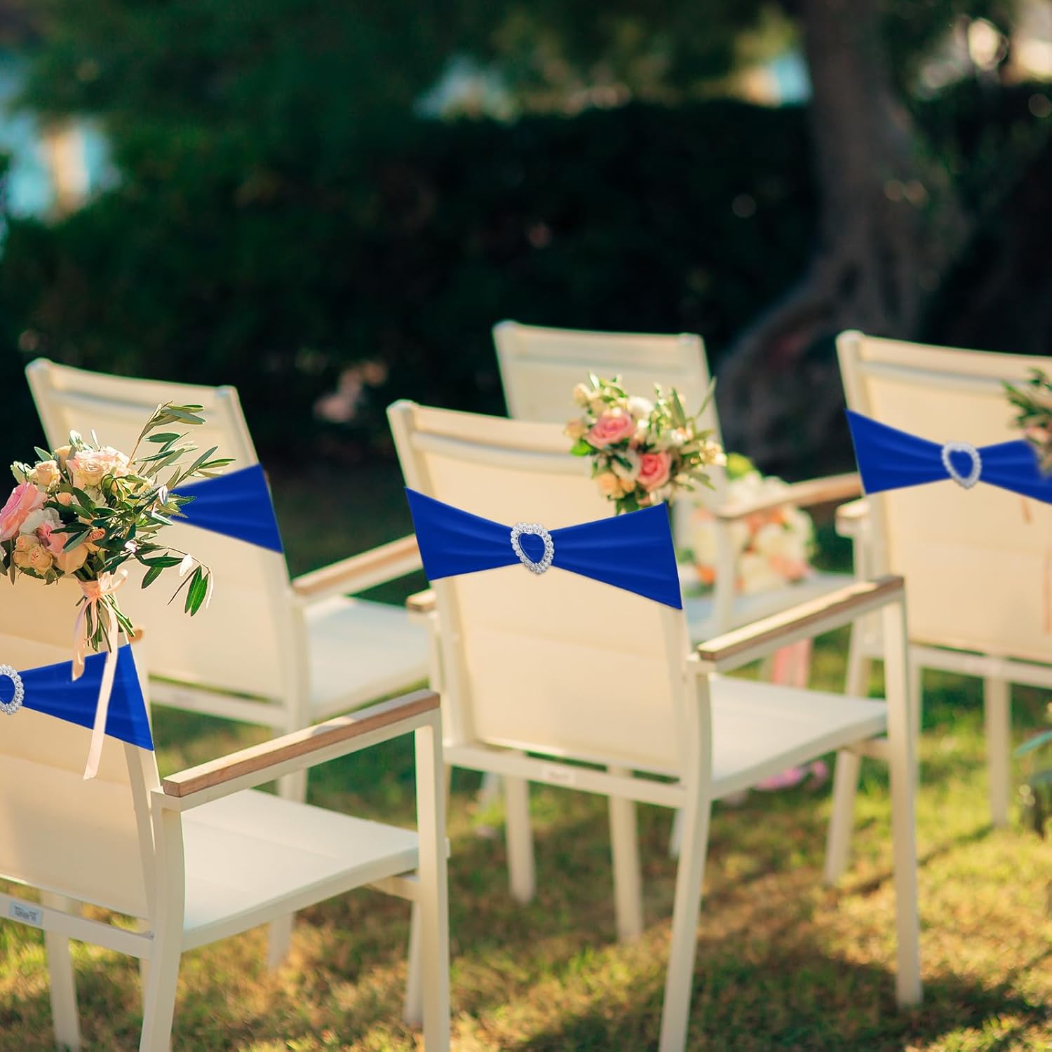 150 Pcs Spandex Chair Sashes Bows Stretch Chair Cover Band with Heart Shaped Buckle Universal Elastic Ties for Wedding Banquet Event Party Decoration(Royal Blue)