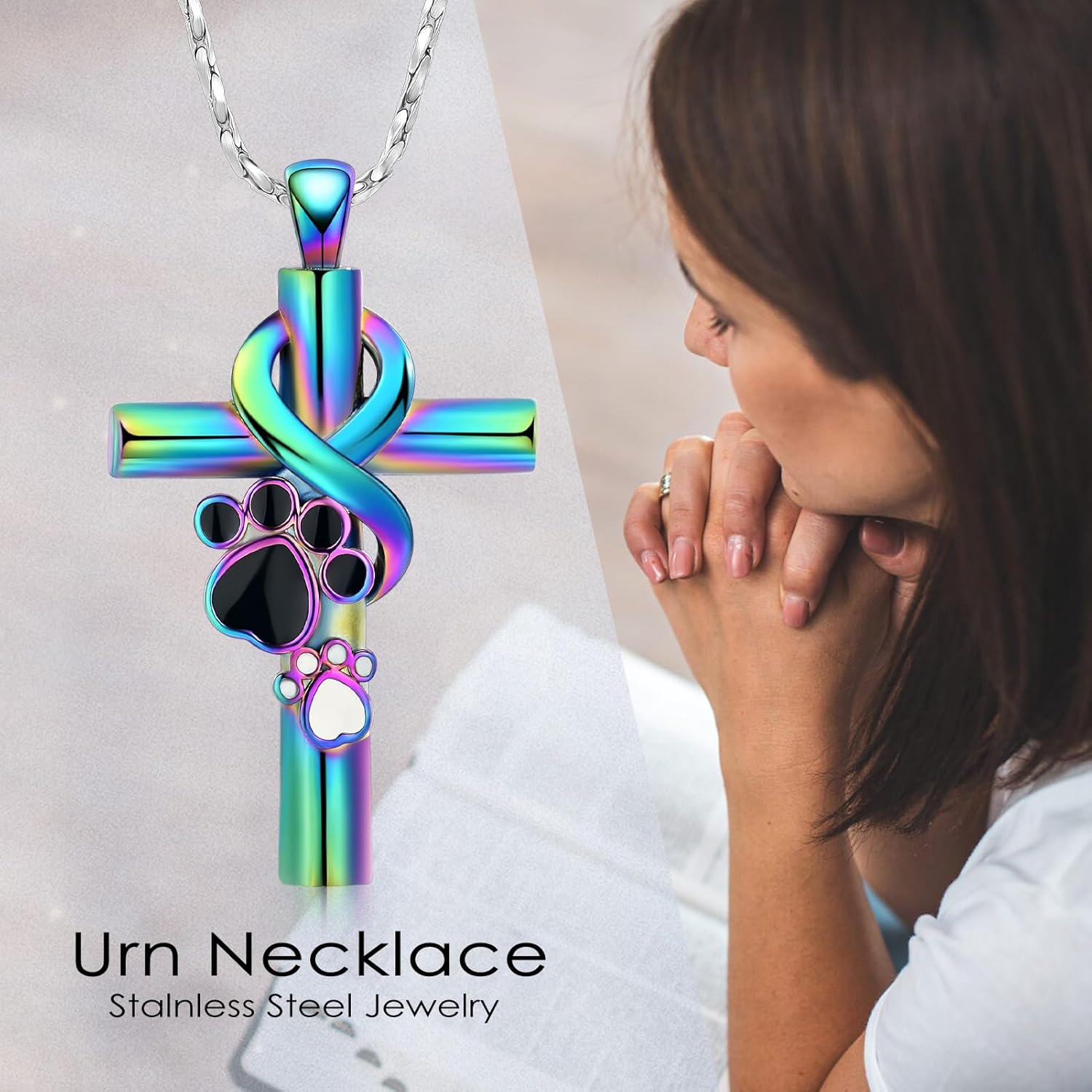 Paw Print Cremation Jewelry for Ashes for Pet Infinity Cross Urn Necklace for Ashes Stainless Steel Ashes Pendant Keepsake Memorial Jewelry for Dog Cat Ashes - Image 3