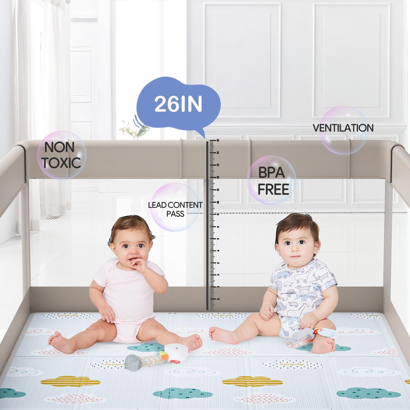 Fodoss Baby Playpen with Mat, 71x59inch Playpen for Babies and Toddlers, Kids Play Pen, Extra Large Baby Playpen,Baby Fence,Big Playpen for Infants with Gate,Playard for Baby