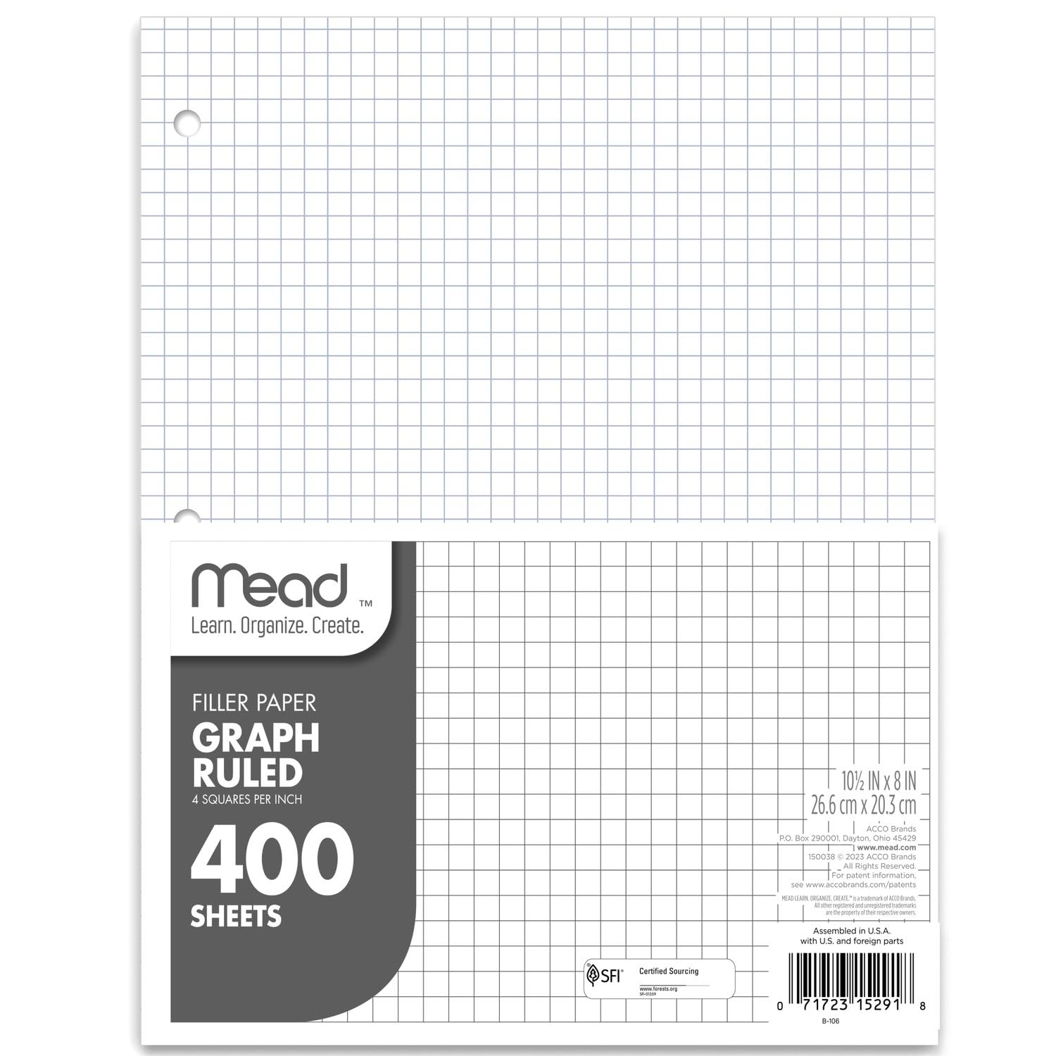 Mead Loose Leaf Paper, Graph Ruled Filler Notebook Paper, 8" x 10-1/2", 400 Sheets, Fits 3-Ring Binder (150038-ECM)