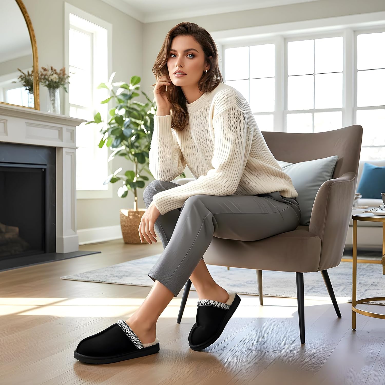 OOW Fuzzy Slippers for Women Cozy House Shoes Winter Warm Memory Foam Slipper for Indoor and Outdoor Faux Fur Mules Cute Fluffy Clogs - Image 2