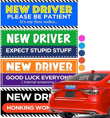 Miniatura 28 de Rio Salto Paquete de 4 divertidos imanes grandes para automóvil con texto en inglés "Please Be Patient", letrero magnético de seguridad para Novato