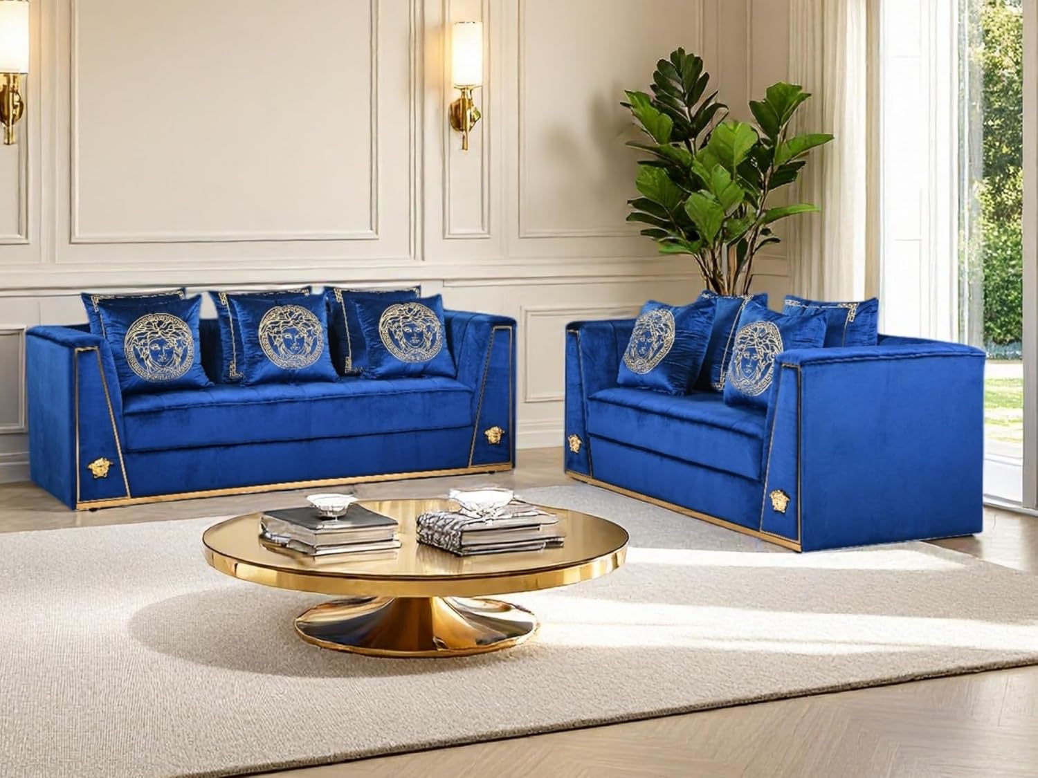 THSUPER 2 Piece Velvet Modern Couch and Loveseat Set, 5 Seater Luxury Couches with Metal Pattern and Pillows for Living Room (Blue &Gold)