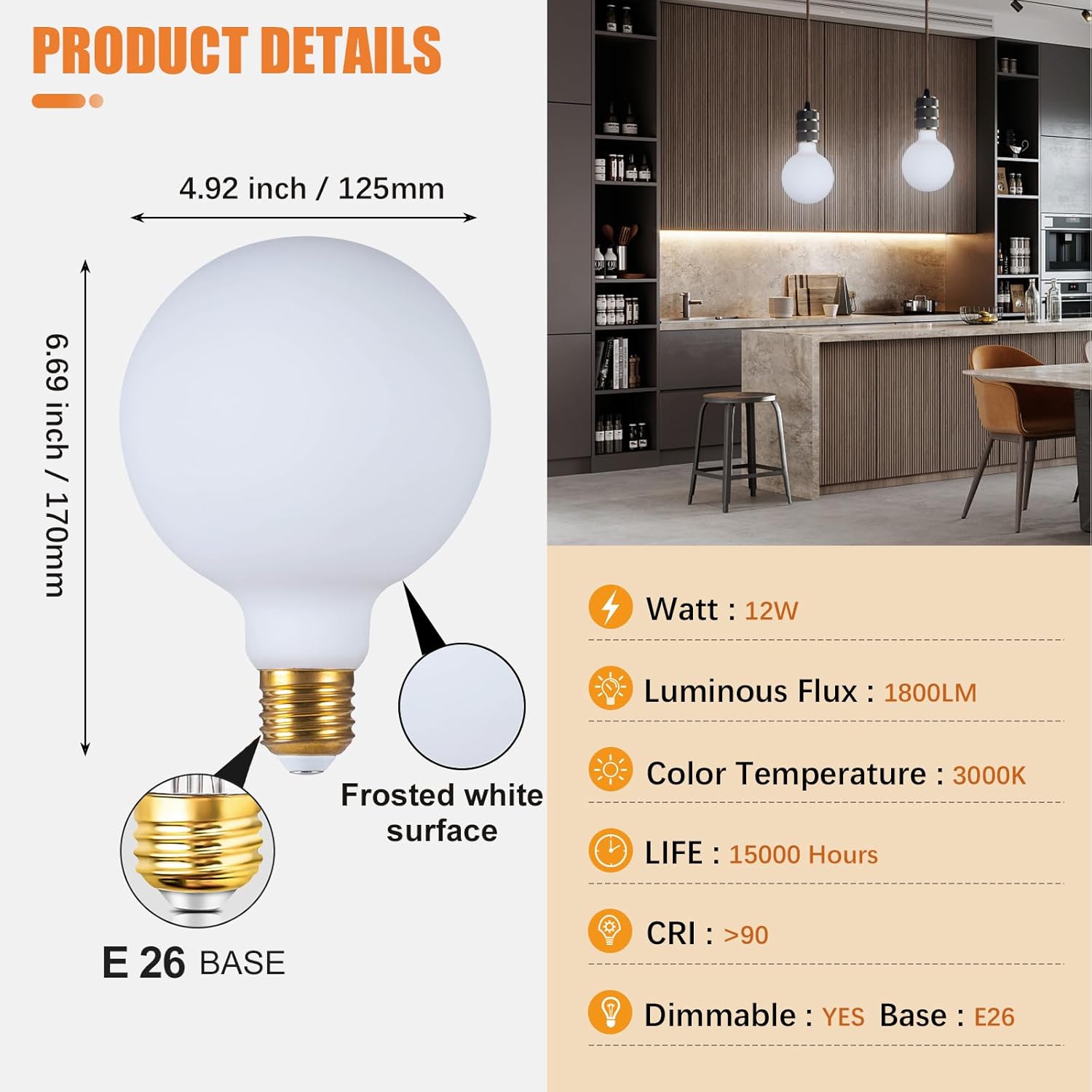 sd lux oversized led light bulb12w 1800lm (eqi. 150w) vintage large globe edison bulb e26 milky glass for home office kitchen bedroom living dining room,1 pack (warm white 3000k, g125white-new) g125wt-new warm white (3000k)